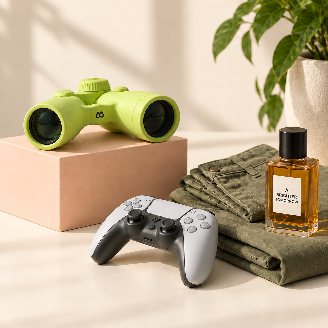 Lime green binoculars beside a game controller, olive pants, and an amber perfume bottle.